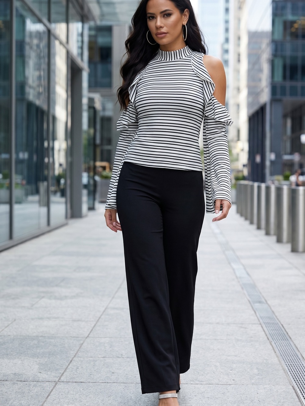 Luxxel Black and White Striped Ruffle Cold-Shoulder Blouse
